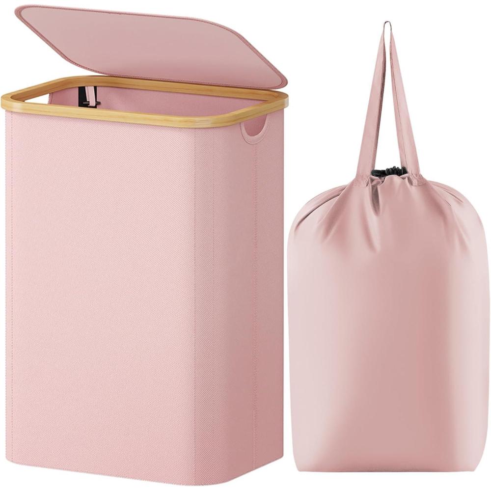 imageLifewit 100L Laundry Basket with Lid Clothes Hampers for Laundry with Bamboo Handles and A Removable Bag Large Foldable Laundry Hamper for Bedroom Bathroom Dorm Laundry Room BeigePink