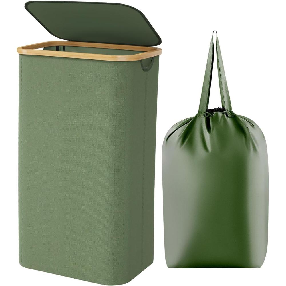 imageLifewit 100L Laundry Basket with Lid Clothes Hampers for Laundry with Bamboo Handles and A Removable Bag Large Foldable Laundry Hamper for Bedroom Bathroom Dorm Laundry Room BeigeGreen