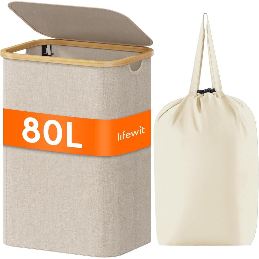 imageLifewit 100L Laundry Basket with Lid Clothes Hampers for Laundry with Bamboo Handles and A Removable Bag Large Foldable Laundry Hamper for Bedroom Bathroom Dorm Laundry Room BeigeBeige