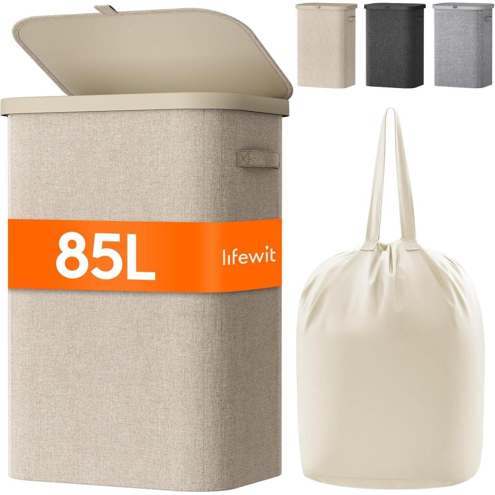 imageLifewit 105L Laundry Basket with Lid Large Laundry Hamper with Plastic Handles and Removable Bag Foldable Tall Dirty Clothes Hampers for Laundry for Laundry Room Bedroom Bathroom Dorm BeigeBeige