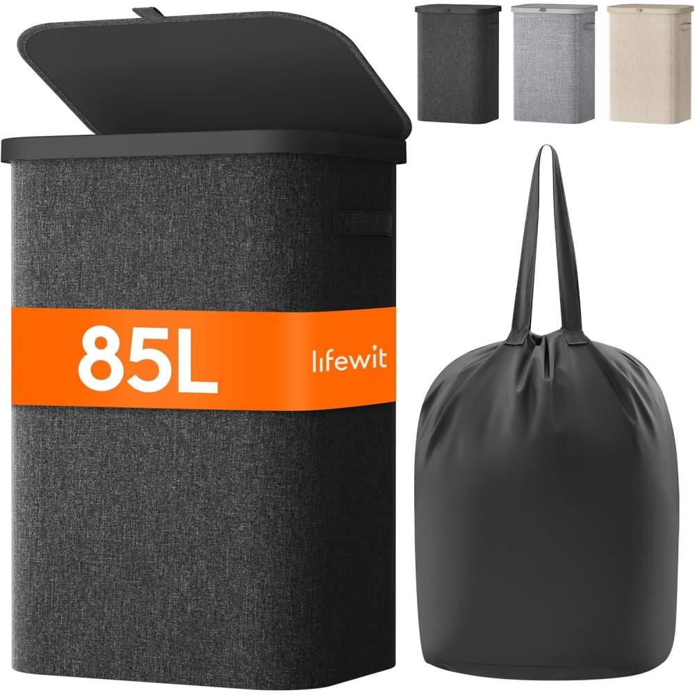 imageLifewit 105L Laundry Basket with Lid Large Laundry Hamper with Plastic Handles and Removable Bag Foldable Tall Dirty Clothes Hampers for Laundry for Laundry Room Bedroom Bathroom Dorm BeigeDark Gray