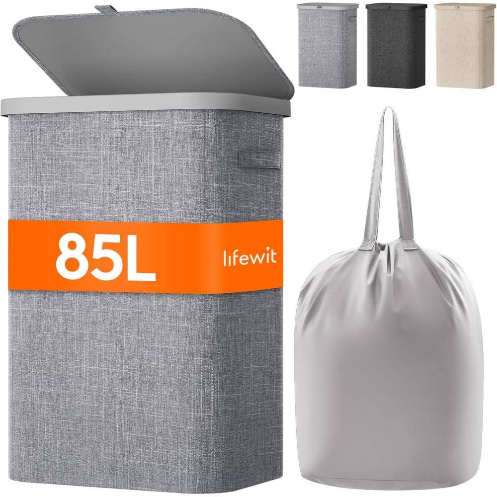 imageLifewit 105L Laundry Basket with Lid Large Laundry Hamper with Plastic Handles and Removable Bag Foldable Tall Dirty Clothes Hampers for Laundry for Laundry Room Bedroom Bathroom Dorm BeigeLight Gray