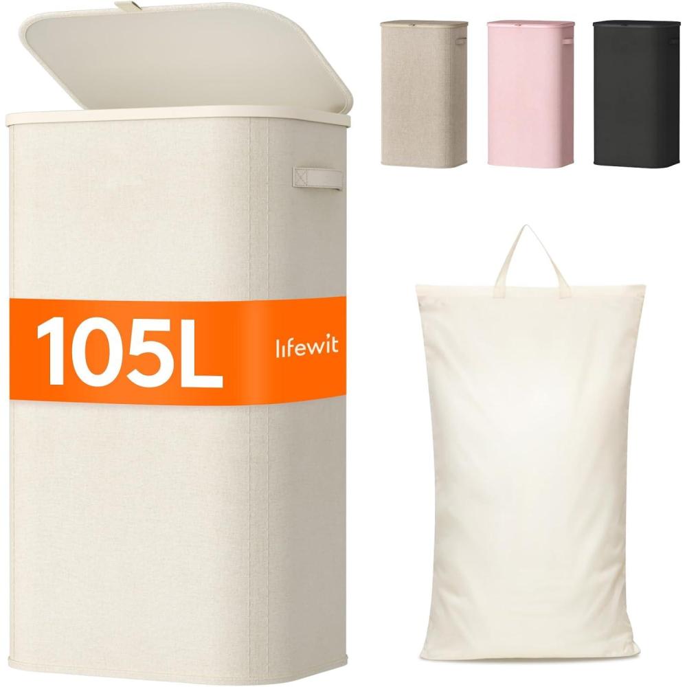 imageLifewit 105L Laundry Basket with Lid Large Laundry Hamper with Plastic Handles and Removable Bag Foldable Tall Dirty Clothes Hampers for Laundry for Laundry Room Bedroom Bathroom Dorm BeigeWhite