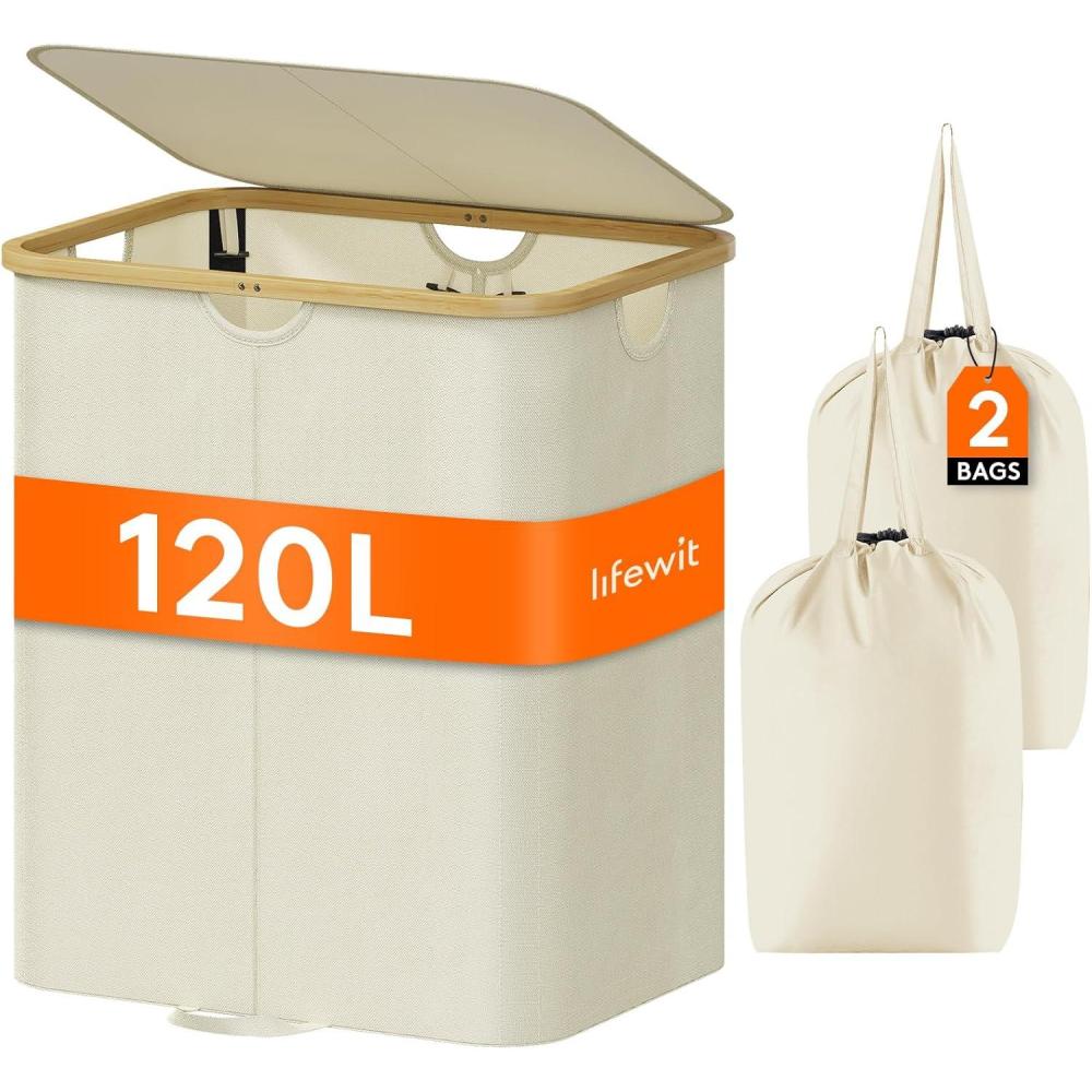 imageLifewit 120L Double Laundry Hamper with Lid Large Dual Laundry Basket Removable Bags 2 Sections Aesthetic Clothes Hampers for Laundry with Bamboo Handles for Bedroom Bathroom Dorm BlackBeige