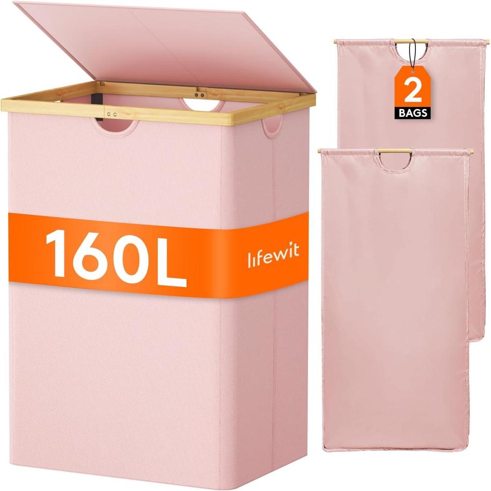 imageLifewit 160L Double Laundry Hamper with Lid Extra Large Bamboo Laundry Basket Dirty Clothes Hamper 2 Section Laundry Bin Organizer for Laundry Room Bedroom with 2 Removable Liners ampamp Bags BlackPink