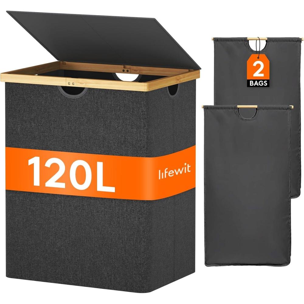 imageLifewit 160L Double Laundry Hamper with Lid Extra Large Bamboo Laundry Basket Dirty Clothes Hamper 2 Section Laundry Bin Organizer for Laundry Room Bedroom with 2 Removable Liners ampamp Bags BlackDark Gray