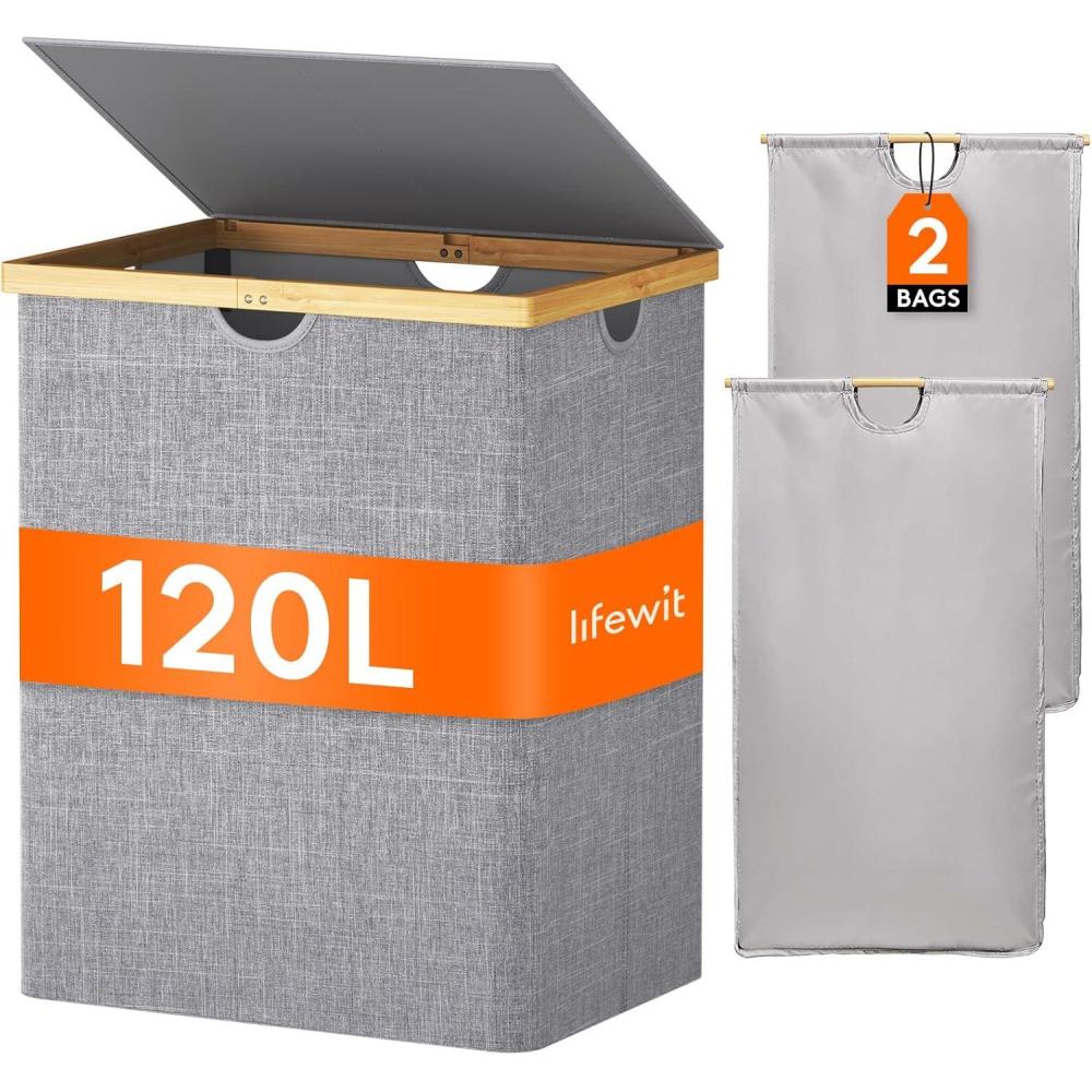 imageLifewit 160L Double Laundry Hamper with Lid Extra Large Bamboo Laundry Basket Dirty Clothes Hamper 2 Section Laundry Bin Organizer for Laundry Room Bedroom with 2 Removable Liners ampamp Bags BlackLight Gray