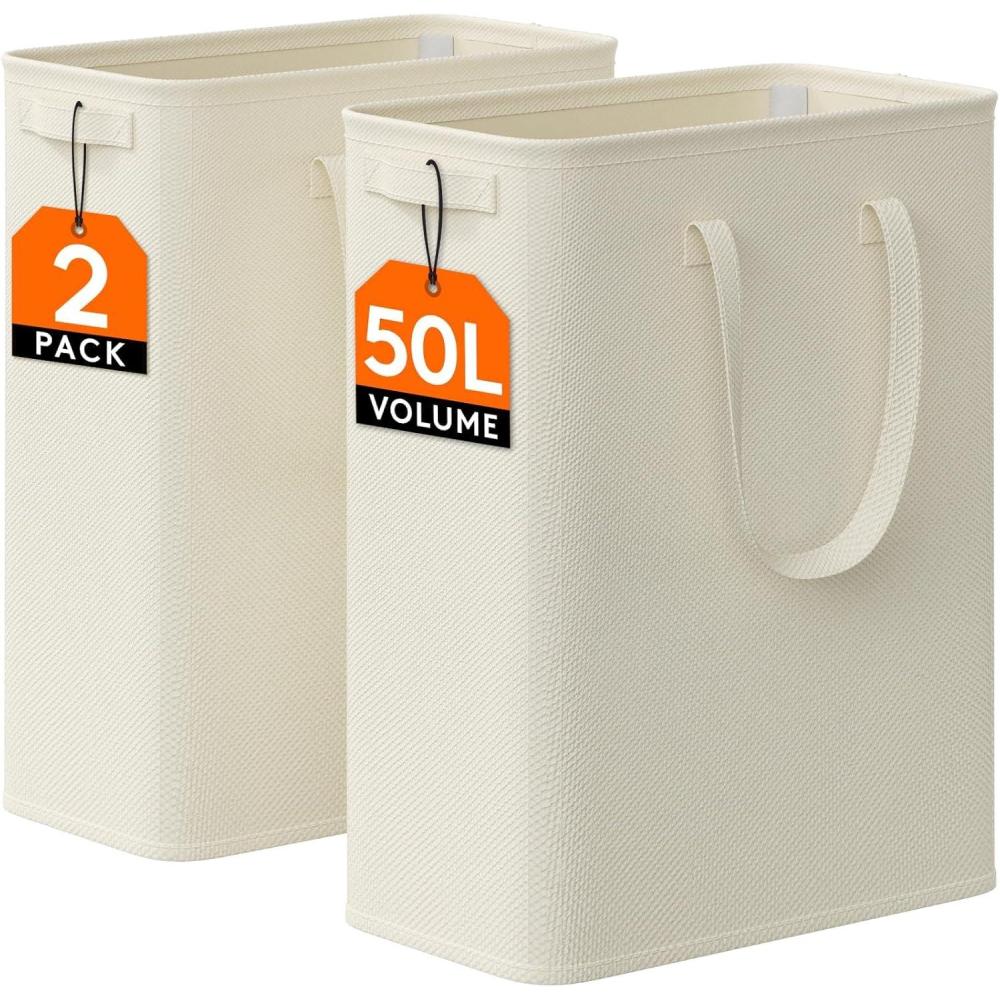 imageLifewit 2 Pack Slim Laundry Hamper Collapsible Narrow Laundry Basket Small Tall Dirty Clothes Hampers with Handles for Bathroom Bedroom College Dorm Black 50LWhite