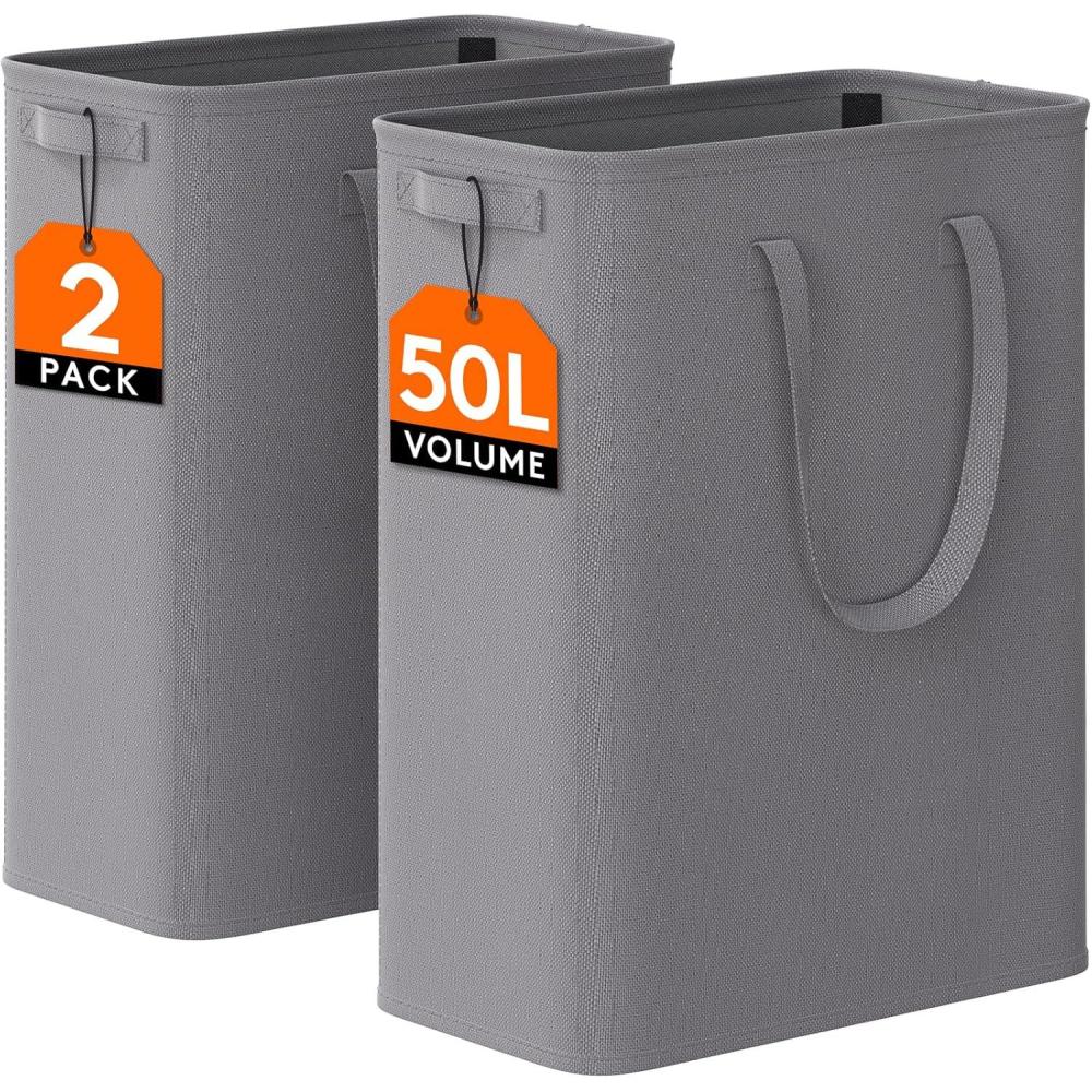 imageLifewit 2 Pack Slim Laundry Hamper Collapsible Narrow Laundry Basket Small Tall Dirty Clothes Hampers with Handles for Bathroom Bedroom College Dorm Black 50LGray