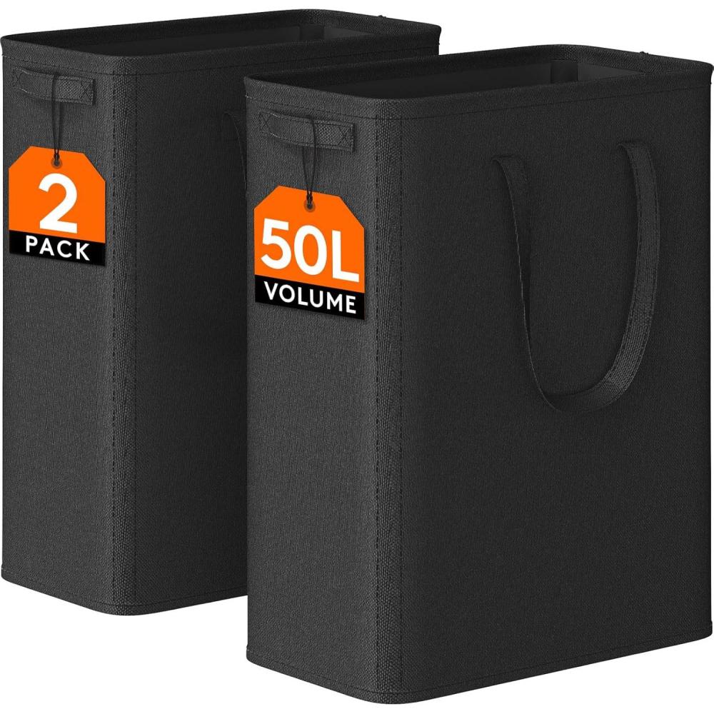 imageLifewit 2 Pack Slim Laundry Hamper Collapsible Narrow Laundry Basket Small Tall Dirty Clothes Hampers with Handles for Bathroom Bedroom College Dorm Black 50LBlack