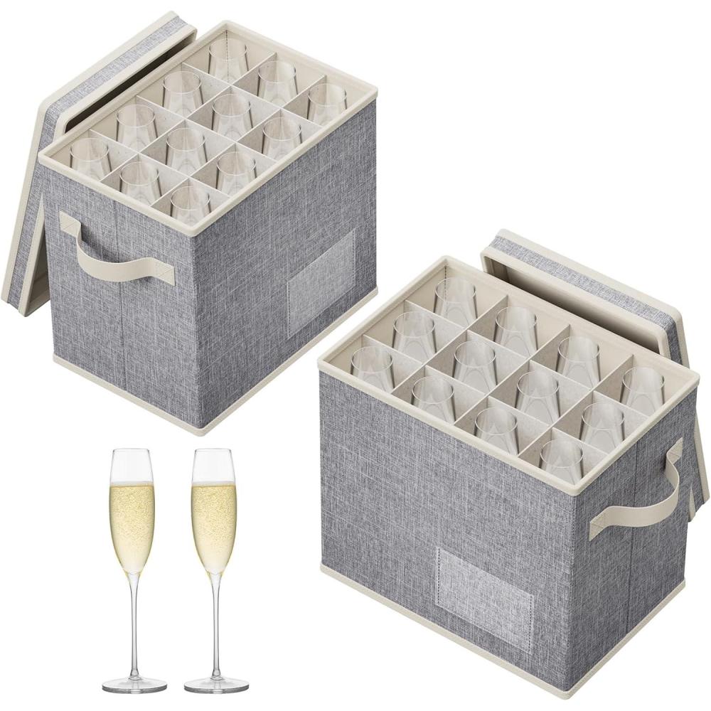 imageLifewit 2 Pcs Champagne Flute Storage Box with Dividers Stackable Cationic Hard Shell Stemware Containers with 12 Cells Foldable Dustproof Glassware Organizer Case for Moving Light Grey2