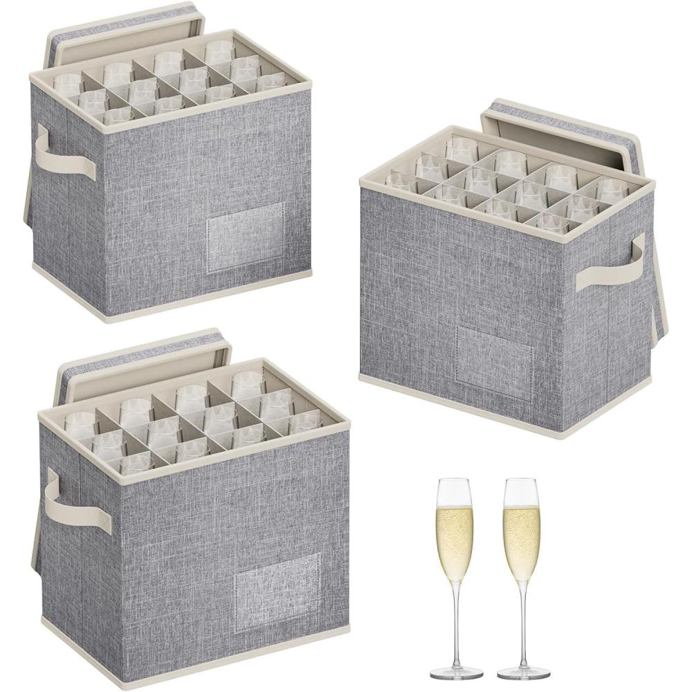 imageLifewit 2 Pcs Champagne Flute Storage Box with Dividers Stackable Cationic Hard Shell Stemware Containers with 12 Cells Foldable Dustproof Glassware Organizer Case for Moving Light Grey3