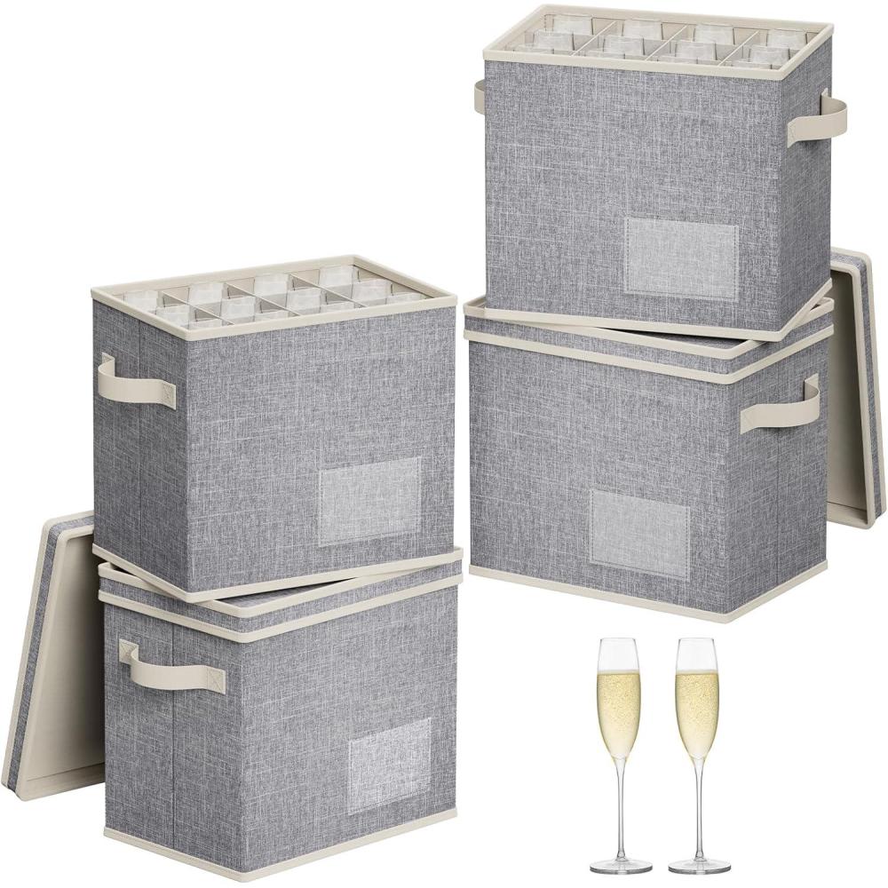 imageLifewit 2 Pcs Champagne Flute Storage Box with Dividers Stackable Cationic Hard Shell Stemware Containers with 12 Cells Foldable Dustproof Glassware Organizer Case for Moving Light Grey4