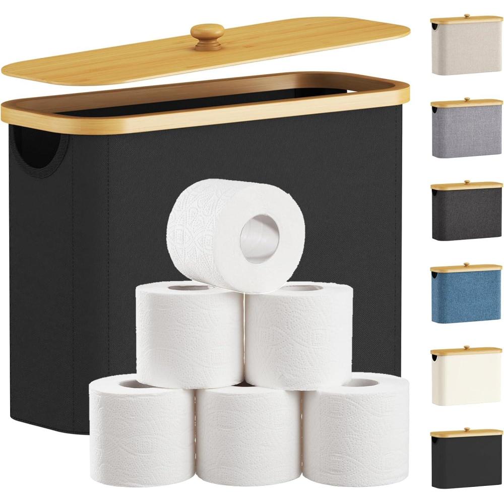 imageLifewit 30L Toilet Paper Storage Holder for 12 to 16 Rolls Free Standing Toilet Paper Basket Stand with Bamboo Lid Collapsible Fabric Bathroom Organizer Box for Mega Rolls Large WhiteBlack