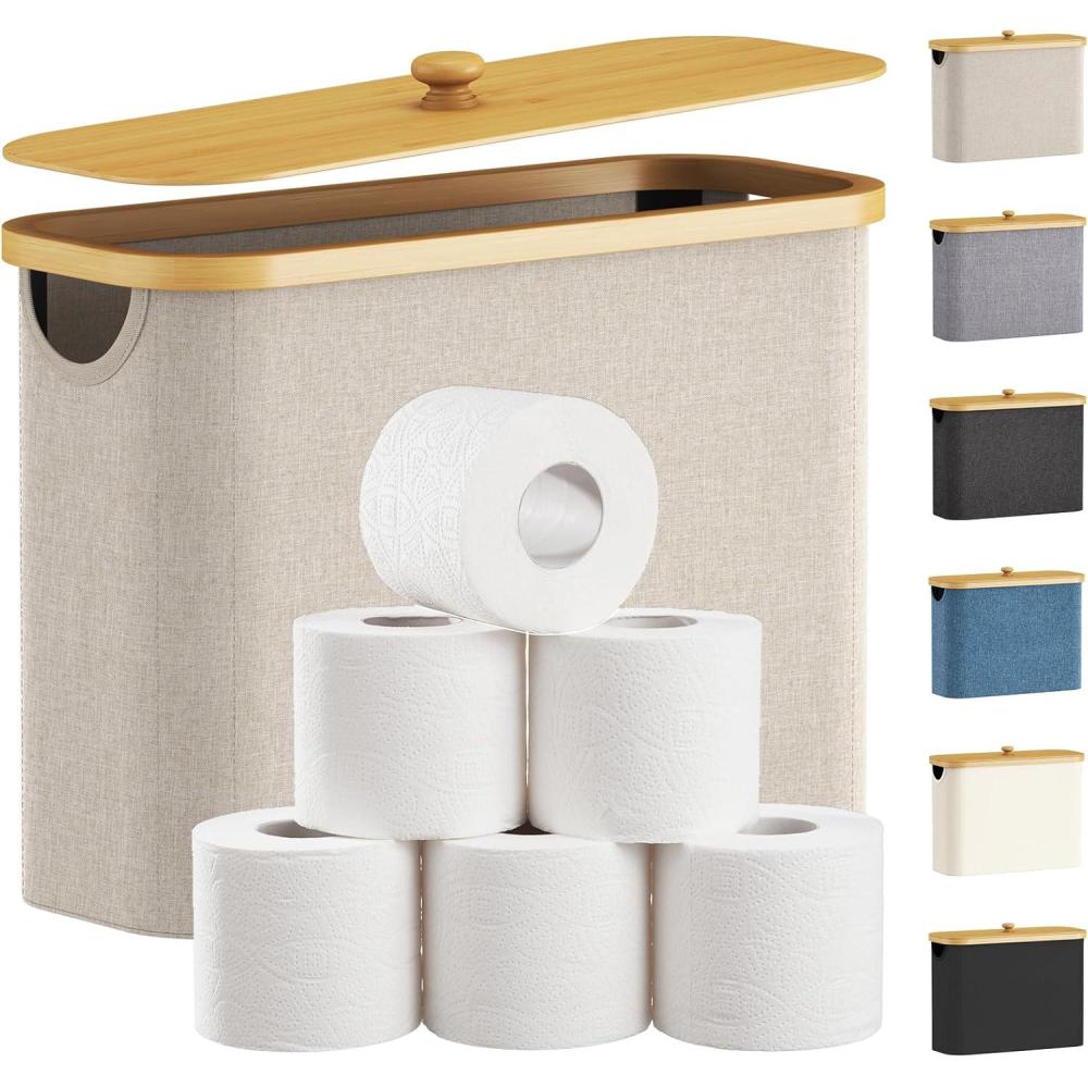 imageLifewit 30L Toilet Paper Storage Holder for 12 to 16 Rolls Free Standing Toilet Paper Basket Stand with Bamboo Lid Collapsible Fabric Bathroom Organizer Box for Mega Rolls Large WhiteBeige