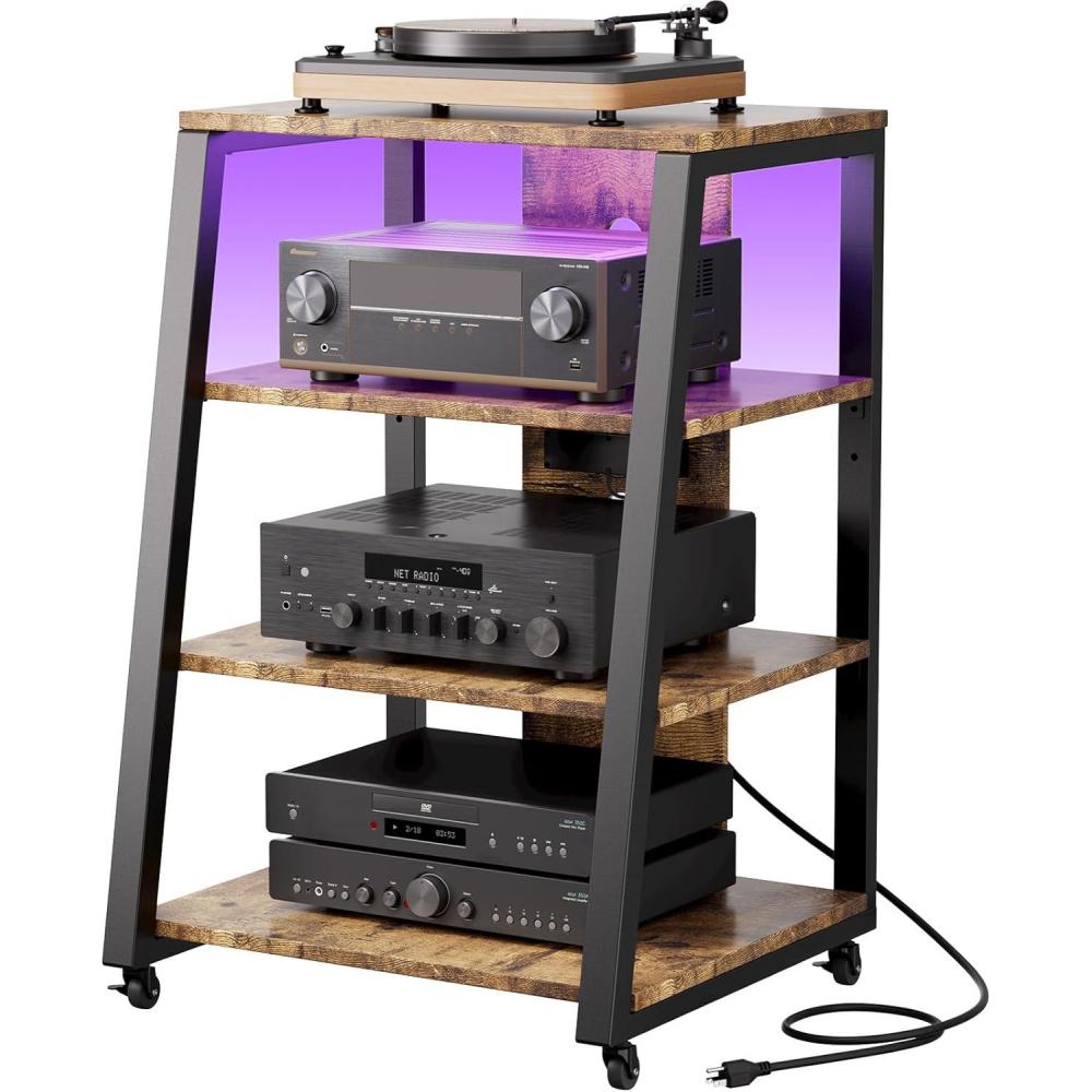 imageLifewit 4 Tier AV Media Stand with Power Outlets Stereo Racks with LED Lights Wheels and Adjustable Shelves for Record Player Rolling Media Console Media Audio Tower Cabinet 35quot Rustic Brown