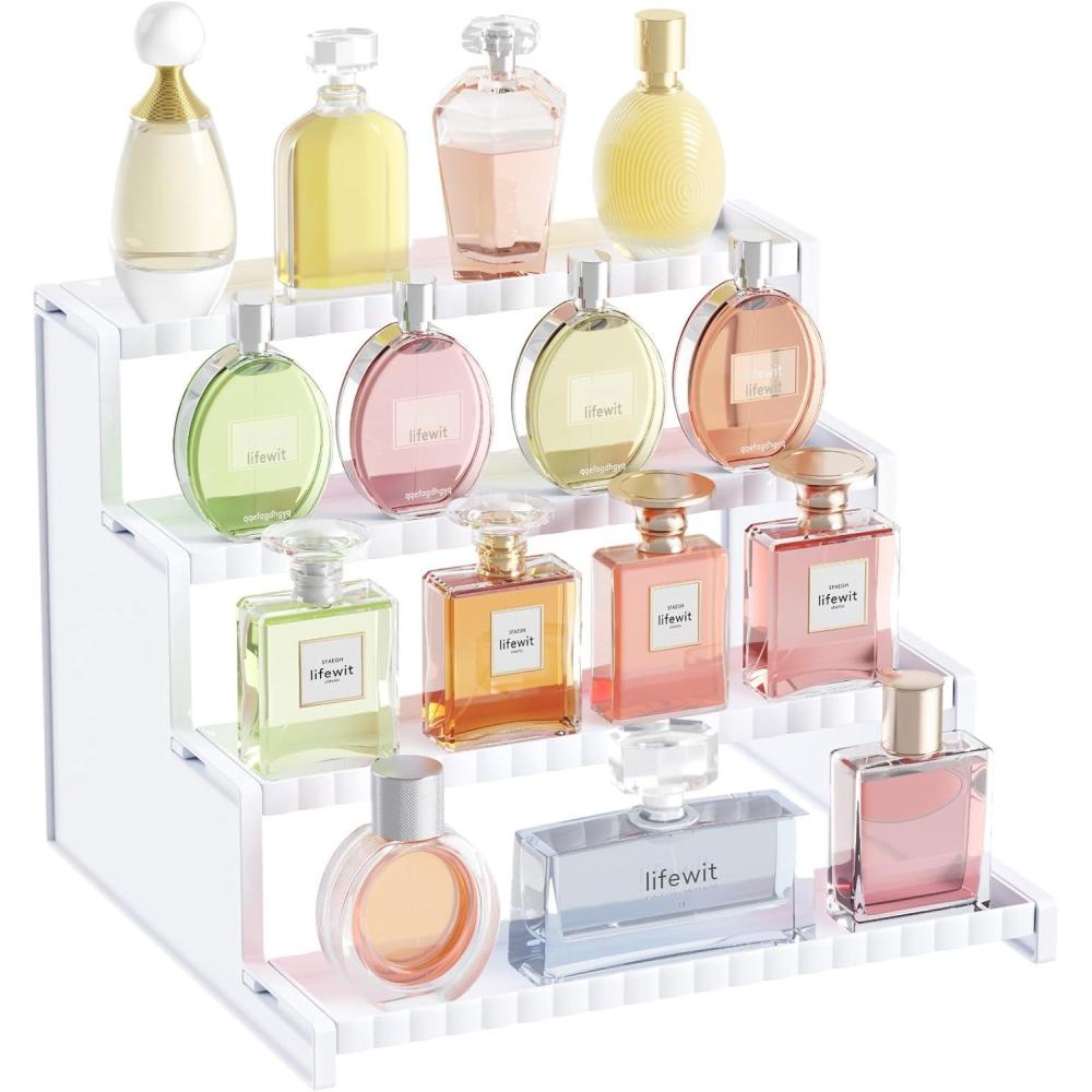 imageLifewit 4 Tier Clear Display Riser Stand with Decorative Secure Fences Toolfree Assembly Plastic 12 Inch Perfume Organizer Display for Figures Cupcake Dessert 1packWhite