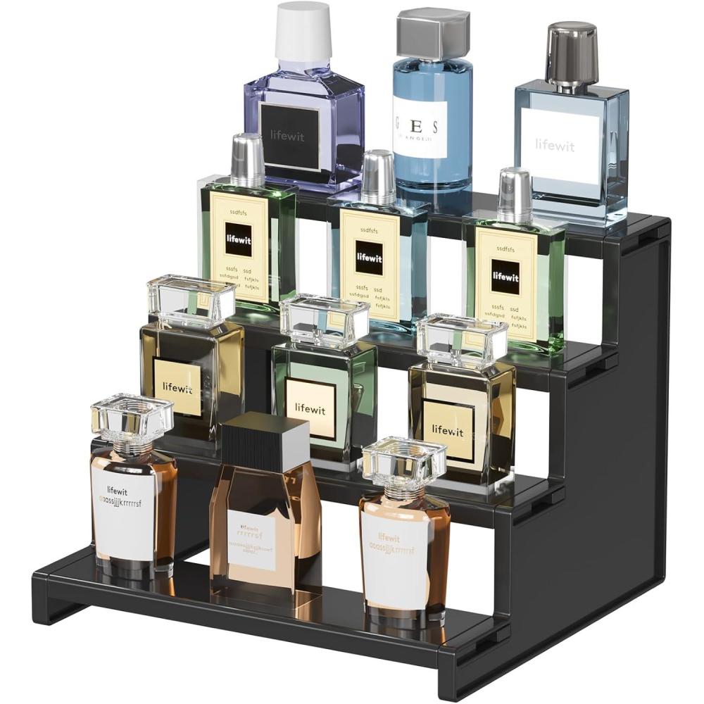 imageLifewit 4 Tier Perfume Stand Organizer for Women Plastic Display Riser ToolFree Assembly Fragrance Makeup Cosmetics Shelf for Vanity Bedroom Bathroom Storage Organization Clear 9 Inch 1 PcsBlack