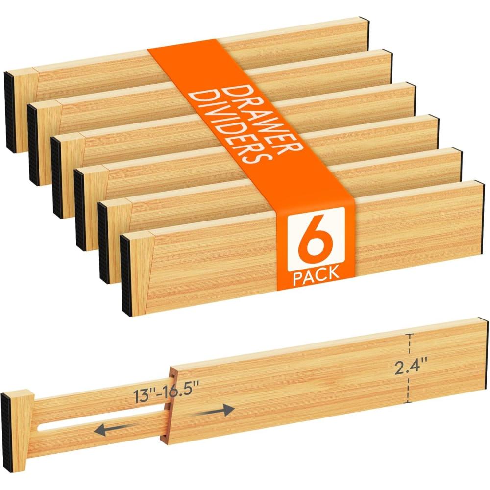 imageLifewit 6 Pack Bamboo Drawer Dividers 24quot High 17522quot Kitchen Drawer Organizers Adjustable Wooden Drawer Dividers for Clothes Expandable Drawer Separators for Dresser Bedroom Bathroom Cabinet6