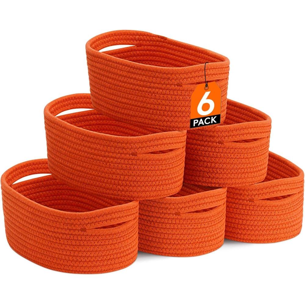 imageLifewit 6 Pack Woven Baskets for Storage Cotton Rope Baskets Cube Storage Bins Cute Small Shelf Baskets for Organizing Round Storage Box Caddy for Closet Living Room Bedroom Playroom WhiteOrange