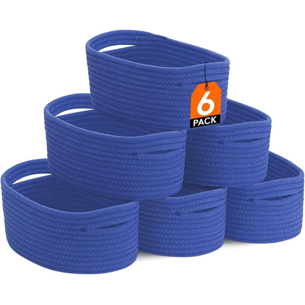imageLifewit 6 Pack Woven Baskets for Storage Cotton Rope Baskets Cube Storage Bins Cute Small Shelf Baskets for Organizing Round Storage Box Caddy for Closet Living Room Bedroom Playroom WhiteBlue