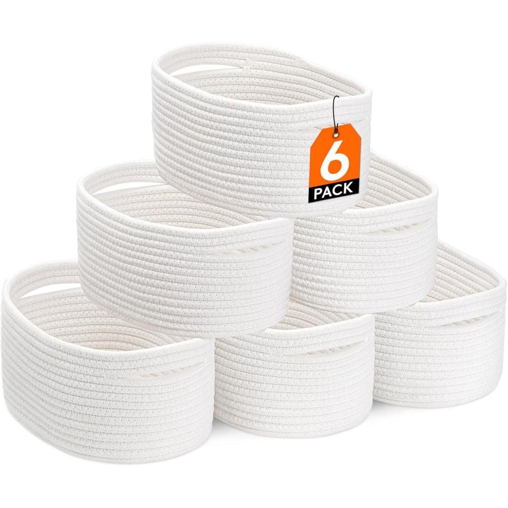 imageLifewit 6 Pack Woven Baskets for Storage Cotton Rope Baskets Cube Storage Bins Cute Small Shelf Baskets for Organizing Round Storage Box Caddy for Closet Living Room Bedroom Playroom WhiteWhite
