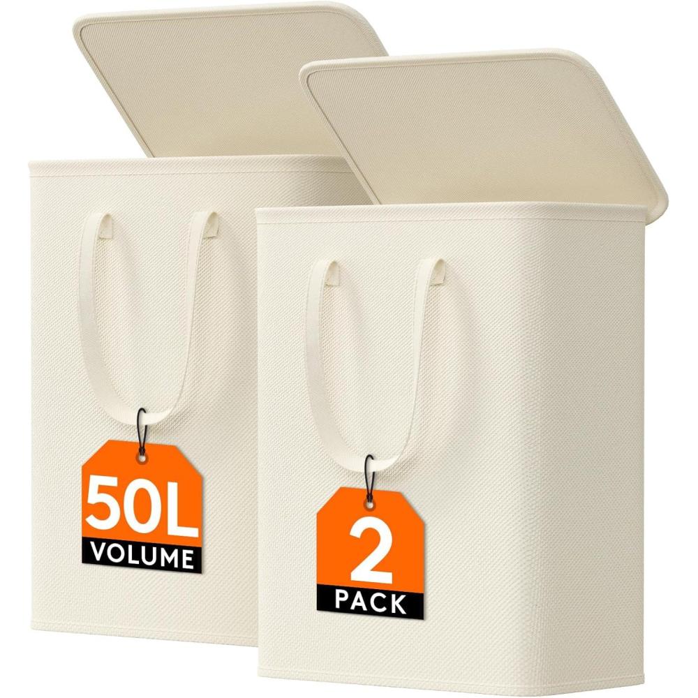 imageLifewit 65L Slim Laundry Hamper Small Laundry Basket with Lid Dirty Narrow Collapsible Clothes Storage with Easy Carry Extended Handles Tall Hampers for Bedroom Laundry Room White 2 PacksWhite