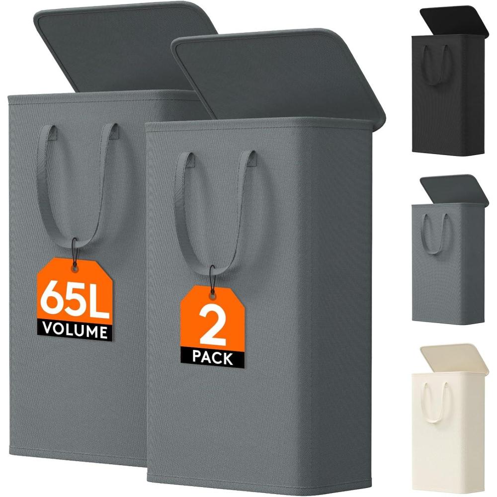 imageLifewit 65L Slim Laundry Hamper Small Laundry Basket with Lid Dirty Narrow Collapsible Clothes Storage with Easy Carry Extended Handles Tall Hampers for Bedroom Laundry Room White 2 PacksGray