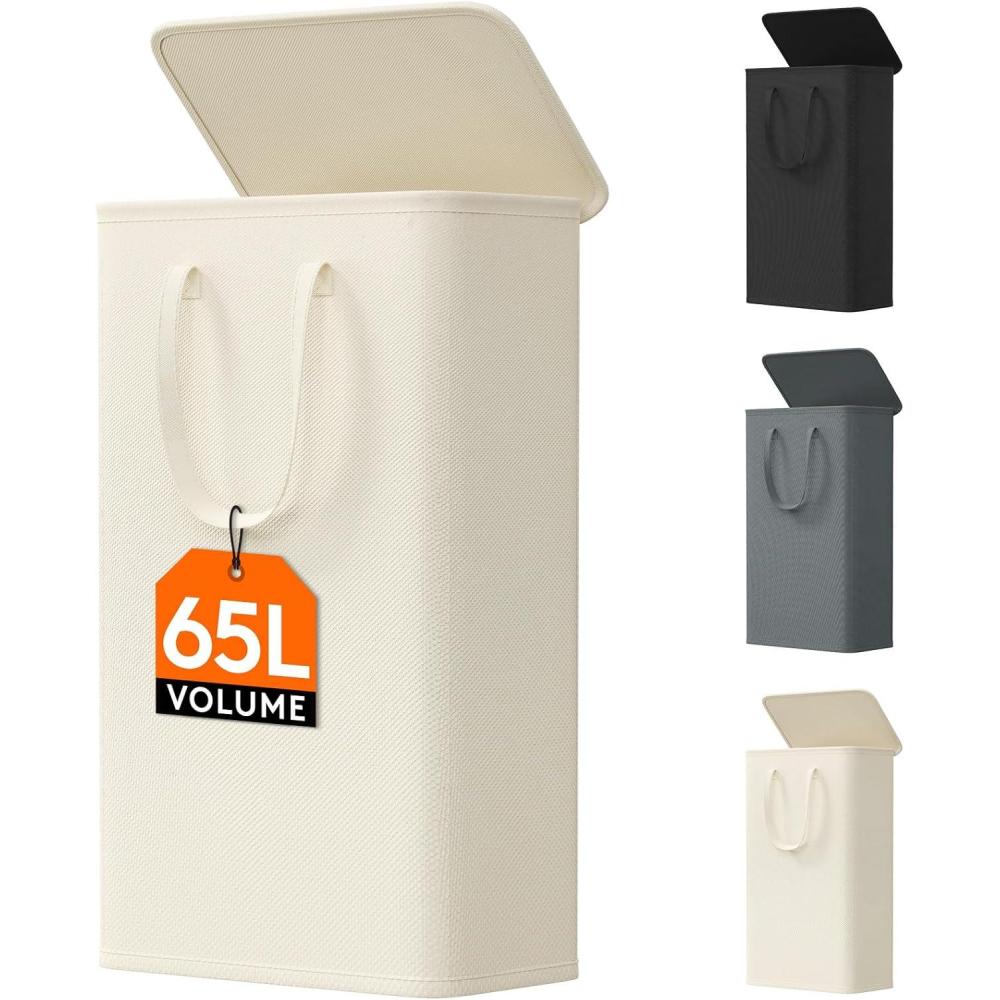imageLifewit 65L Slim Laundry Hamper Small Laundry Basket with Lid Dirty Narrow Collapsible Clothes Storage with Easy Carry Extended Handles Tall Hampers for Bedroom Laundry Room White 1 PackWhite