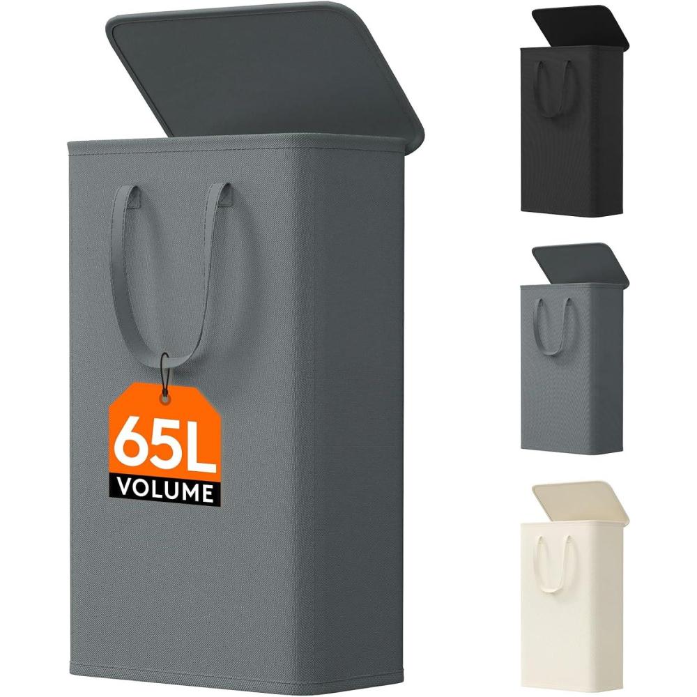 imageLifewit 65L Slim Laundry Hamper Small Laundry Basket with Lid Dirty Narrow Collapsible Clothes Storage with Easy Carry Extended Handles Tall Hampers for Bedroom Laundry Room White 1 PackGray