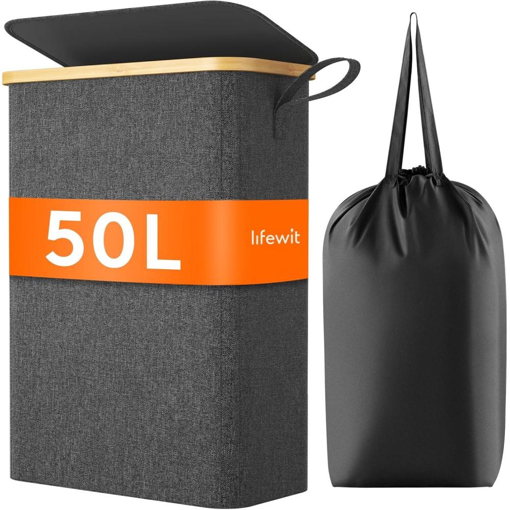imageLifewit 65L Slim Laundry Hamper with Lid Narrow Laundry Basket with Removable Bag ampamp Bamboo Handles Fodable Thin Dirty Clothes Hamper for Laundry Collapsible Bin for Bathroom Bedroom Dorm Dark GrayDark Gray