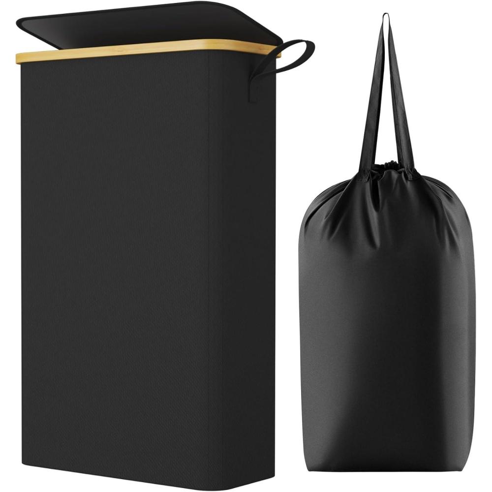imageLifewit 65L Slim Laundry Hamper with Lid Narrow Laundry Basket with Removable Bag ampamp Bamboo Handles Fodable Thin Dirty Clothes Hamper for Laundry Collapsible Bin for Bathroom Bedroom Dorm Dark GrayBlack