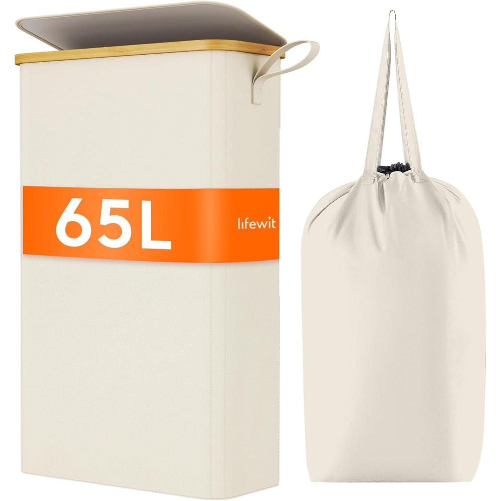 imageLifewit 65L Slim Laundry Hamper with Lid Narrow Laundry Basket with Removable Bag ampamp Bamboo Handles Fodable Thin Dirty Clothes Hamper for Laundry Collapsible Bin for Bathroom Bedroom Dorm Dark GrayWhite