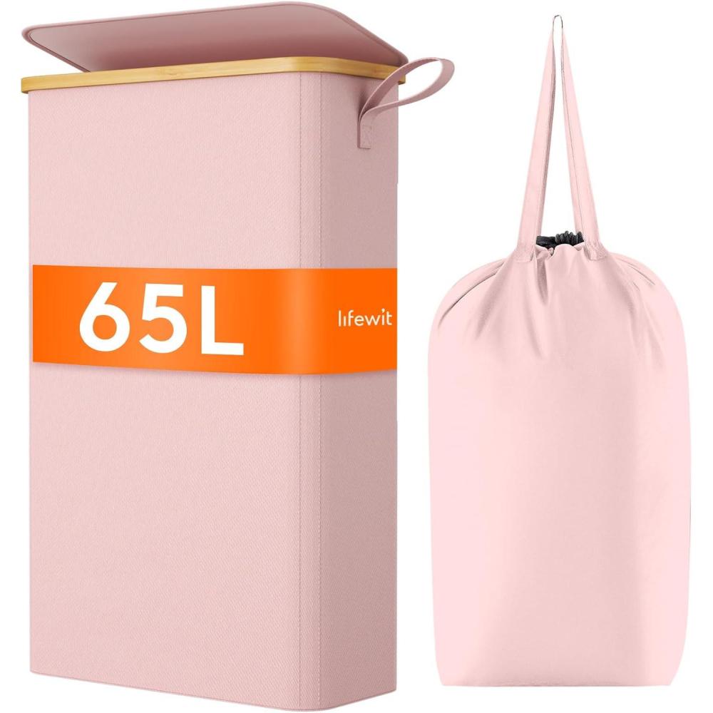 imageLifewit 65L Slim Laundry Hamper with Lid Narrow Laundry Basket with Removable Bag ampamp Bamboo Handles Fodable Thin Dirty Clothes Hamper for Laundry Collapsible Bin for Bathroom Bedroom Dorm Dark GrayPink