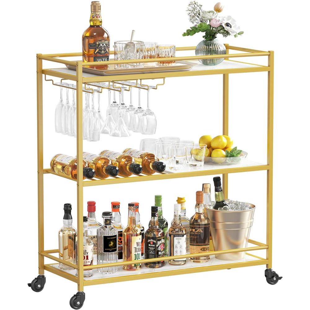 imageLifewit Bar Cart Gold 3 Tier Wine Rolling Cart with Lockable Wheels 12 Glass Holders and 4 Wine Rack Home Serving Drink Liquor Cart for Kitchen Dining Living Room 316quot x 131quot x 339quot Gold