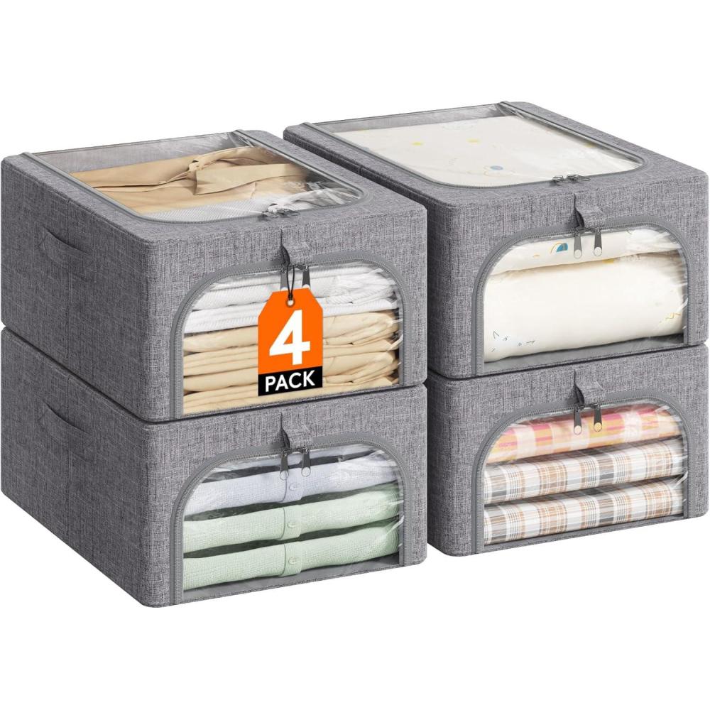 imageLifewit Clothes Storage Bins with Metal Frame 6 Pack Fabric Stackable Storage Bags with Lids Zipper Foldable Clost Organizers Containers for Clothing Blanket Winter Cloth 40L4