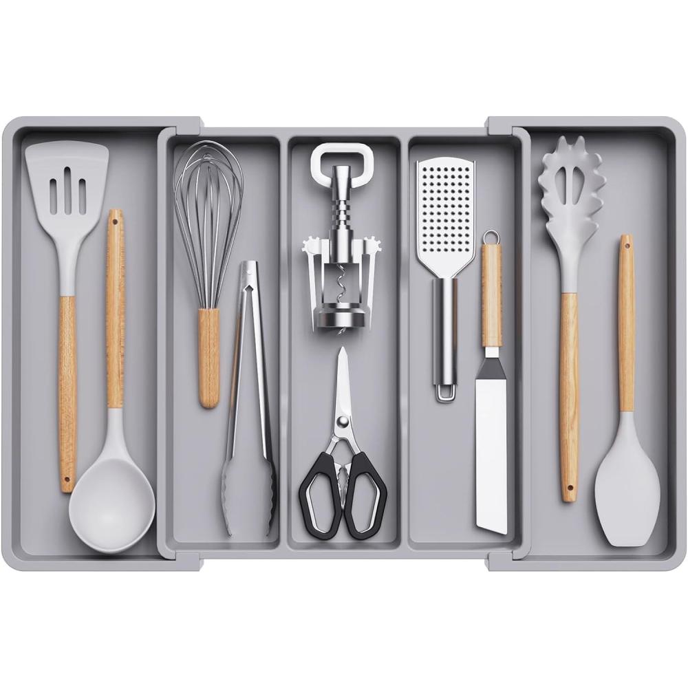 imageLifewit Cooking Utensil Drawer Organizer Expandable from 13 to 224 inches Adjustable Cutlery Silverware Tray Plastic Flatware Spatula Holder Kitchen Tools Gadgets Storage Divider BlackGray