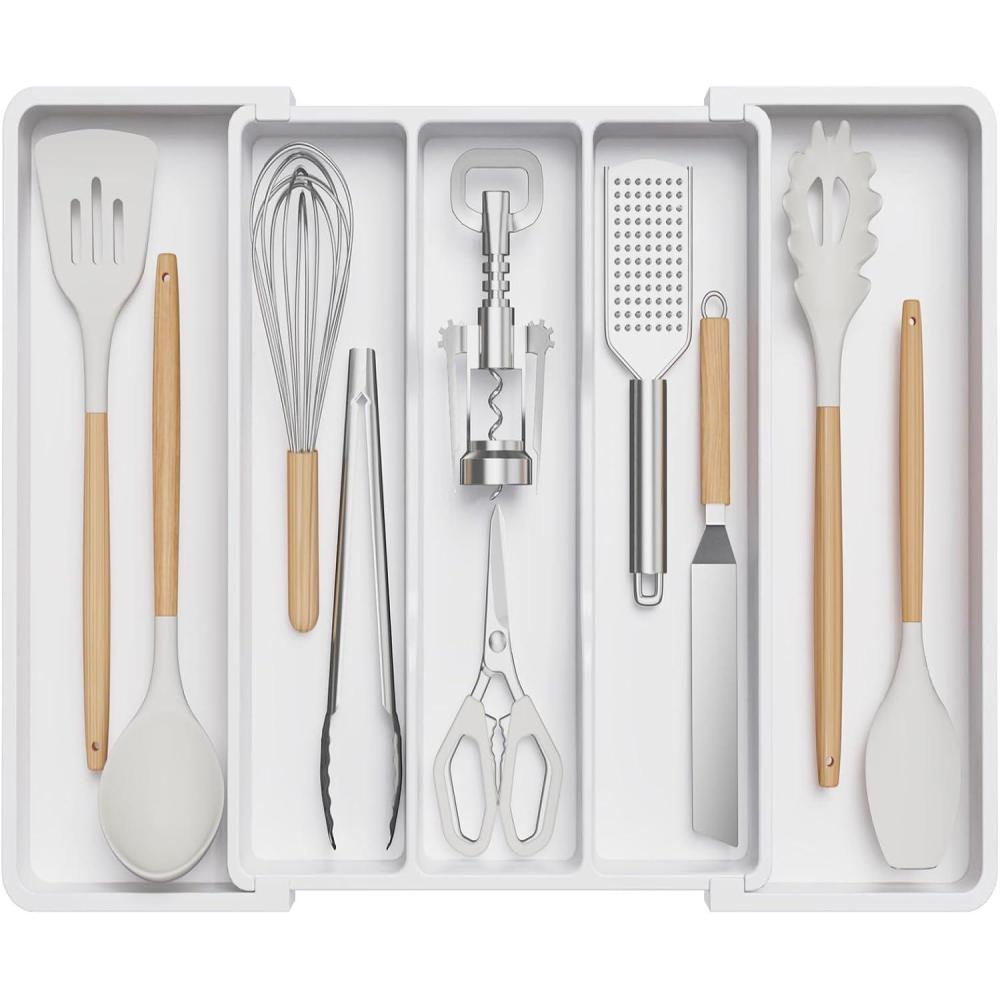 imageLifewit Cooking Utensil Drawer Organizer Expandable from 13 to 224 inches Adjustable Cutlery Silverware Tray Plastic Flatware Spatula Holder Kitchen Tools Gadgets Storage Divider BlackWhite