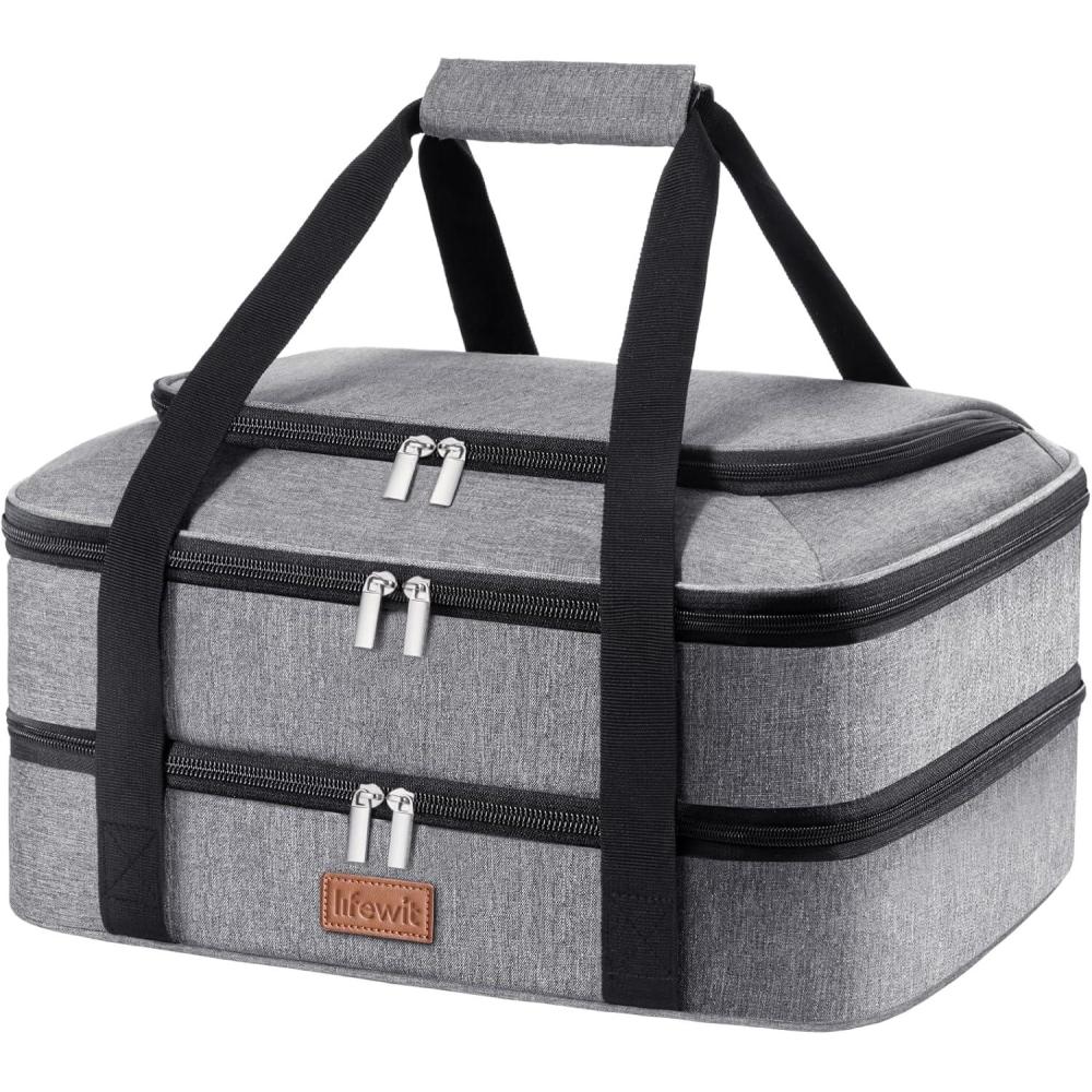imageLifewit Double Decker Casserole Carrier for Hot and Cold Food Insulated Casserole Dish Carrier Carrying Case with Tool Room Thermal Bag for Potluck Parties Cookouts Fits 9quot13quot Baking Dish GrayGray