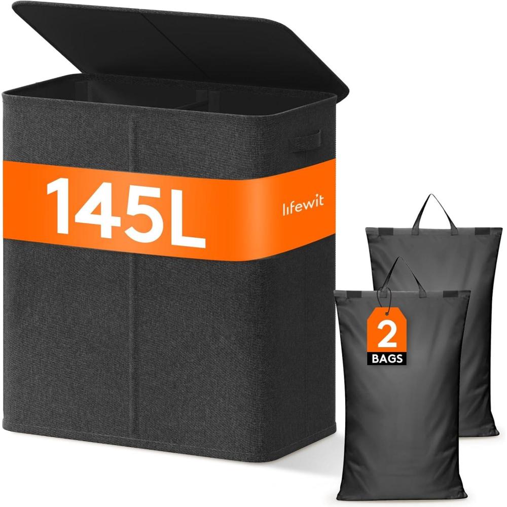 imageLifewit Double Laundry Hamper with Lid and Removable Laundry Bags Large Collapsible 2 Dividers Dirty Clothes Basket with Handles for Bedroom Laundry Room Closet Bathroom College 136L GrayDark Gray