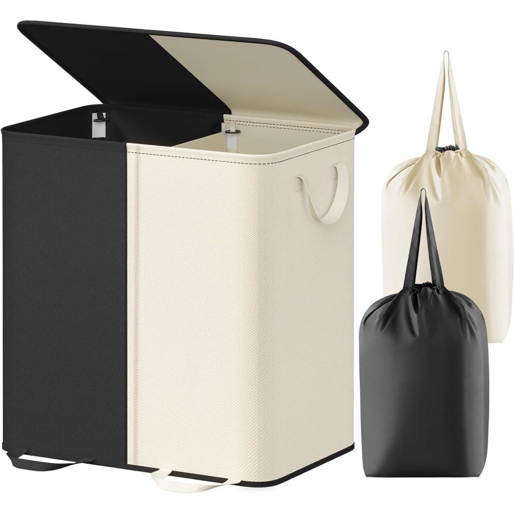 imageLifewit Double Laundry Hamper with Lid and Removable Laundry Bags Large Collapsible 2 Dividers Dirty Clothes Basket with Handles for Bedroom Laundry Room Closet Bathroom College 136L GrayWhiteblack
