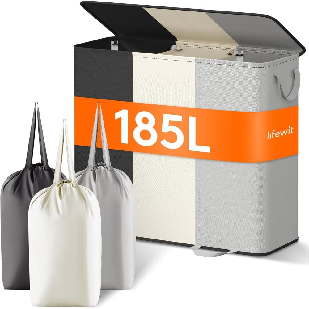 imageLifewit Double Laundry Hamper with Lid and Removable Laundry Bags Large Collapsible 2 Dividers Dirty Clothes Basket with Handles for Bedroom Laundry Room Closet Bathroom College 136L GrayBlackWhiteGrey