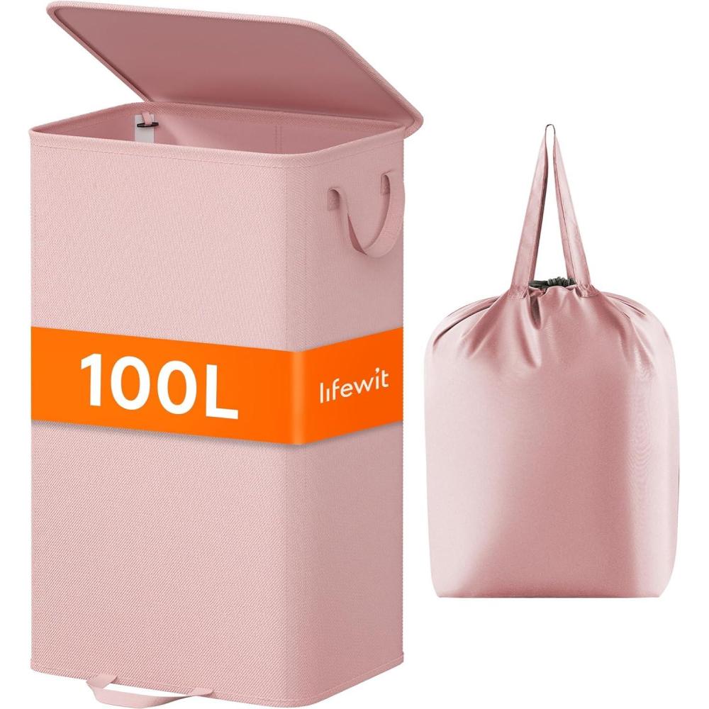 imageLifewit Double Laundry Hamper with Lid and Removable Laundry Bags Large Collapsible 2 Dividers Dirty Clothes Basket with Handles for Bedroom Laundry Room Closet Bathroom College 136L GrayPink