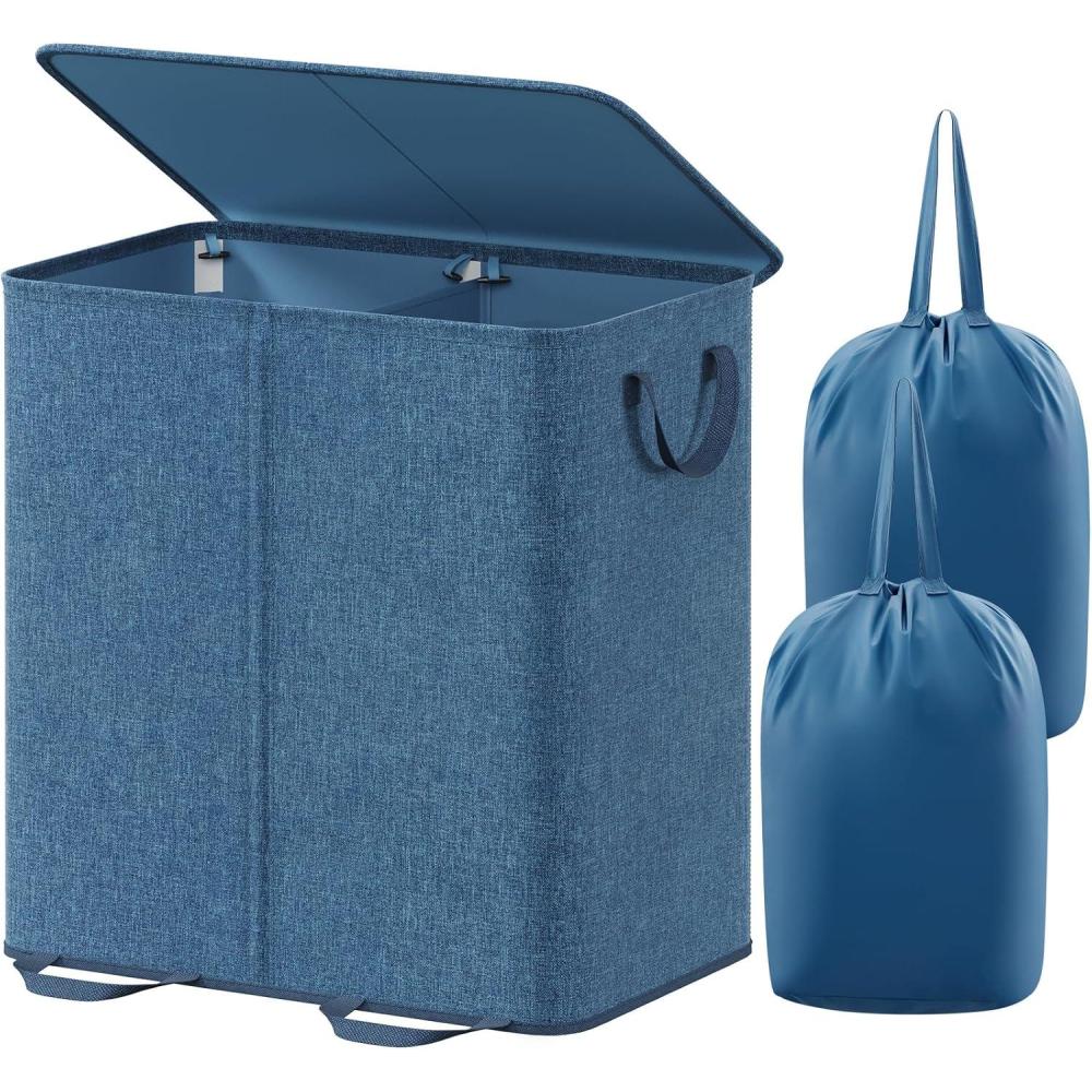 imageLifewit Double Laundry Hamper with Lid and Removable Laundry Bags Large Collapsible 2 Dividers Dirty Clothes Basket with Handles for Bedroom Laundry Room Closet Bathroom College 136L GrayBlue