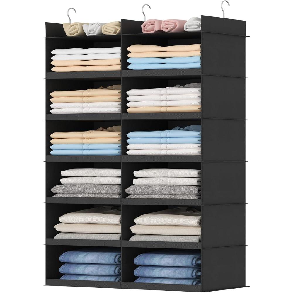 imageLifewit DualRow 6 Tier Shelf Hanging Closet Organizer and Storage Clothes Storage Shelves with 3 Sturdy Hooks for Clothing Organization Foldable Dorm Room Essentials 12 Sections GreyBlack