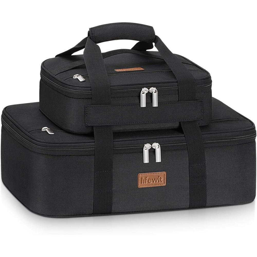imageLifewit Duo Insulated Casserole Carrier for Hot or Cold Food Lasagna Holder 2 Compartments Thermal Lunch Tote for Potluck Parties Cookouts Fits 9quotx13quot Casserole Dish GrayBlack