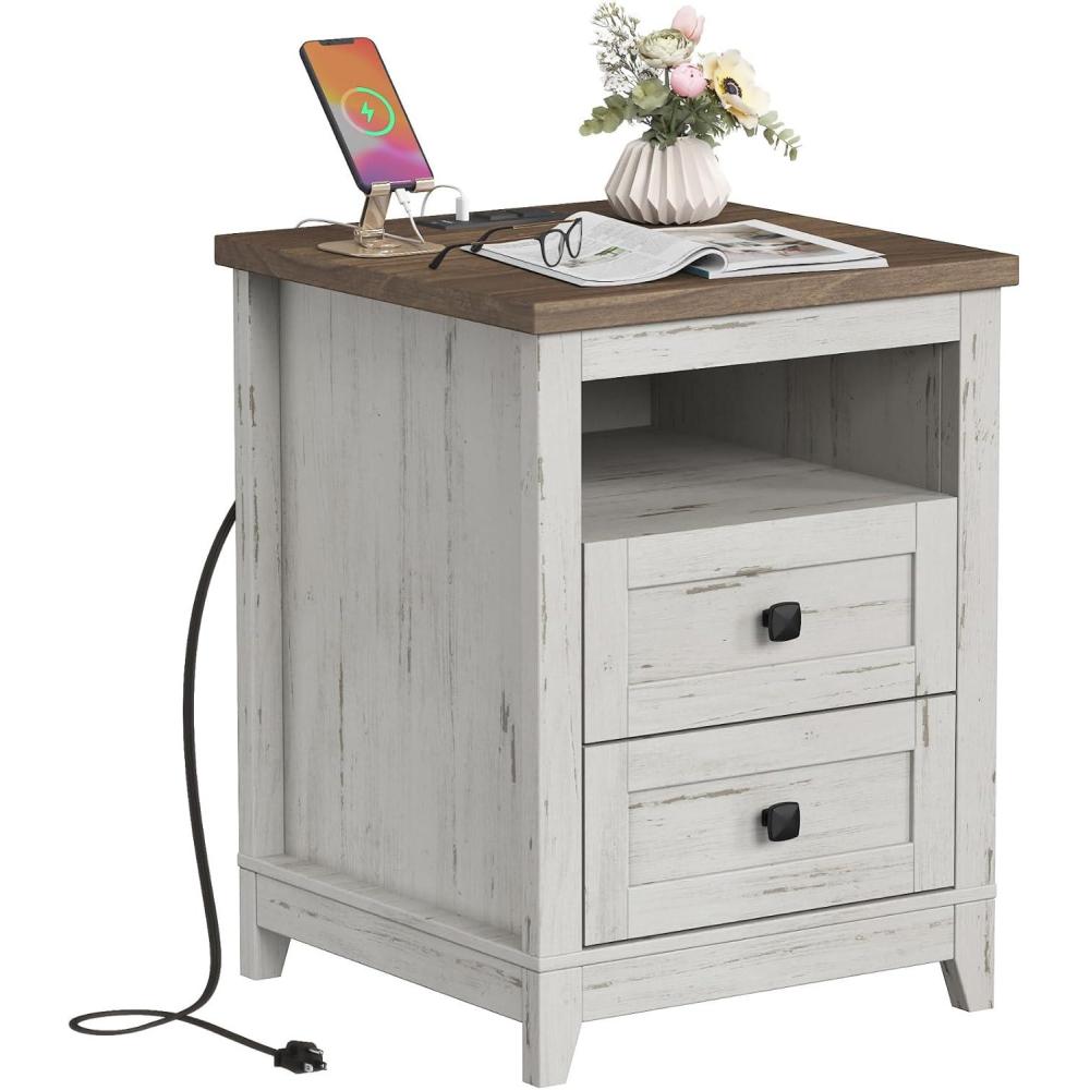 imageLifewit Farmhouse Nightstand with Power Outlets and USB Ports Bedside Table with 2 Drawers and 1 Open Storage Space Side Table End Table Night Stand for Bedroom Rustic White