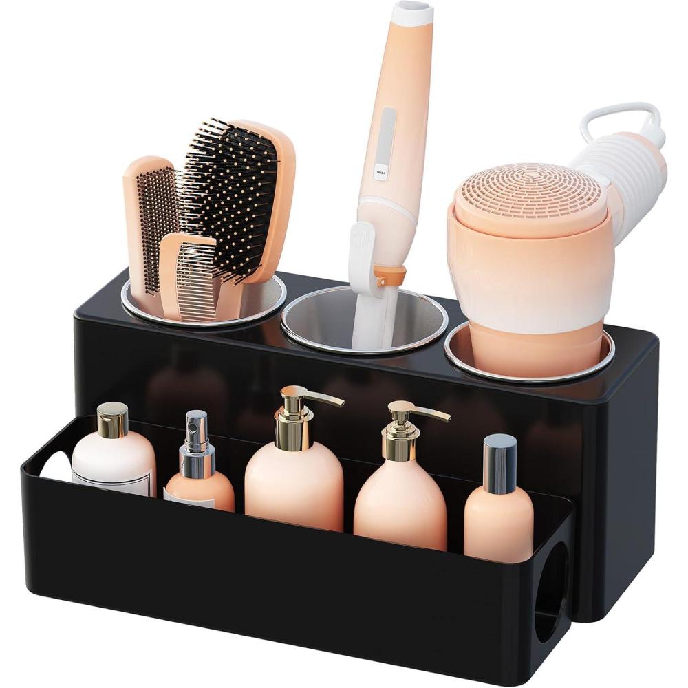 imageLifewit Hair Tool Organizer Removable Hair Dryer Holder Countertop Acrylic Hot Tools Organizer with 3 Stainless Cups for Curling Iron Straightener Hairbrush Makeup Accessories in Bathroom WhiteBlack