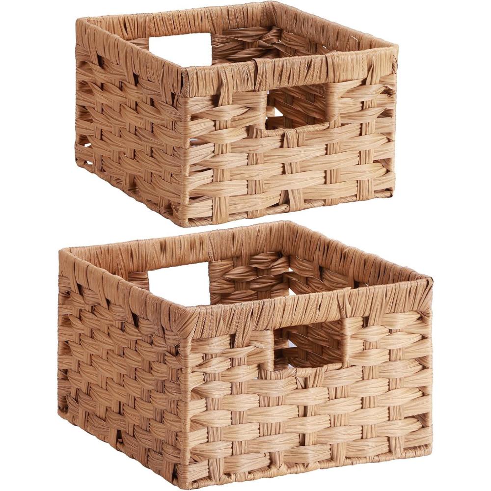 imageLifewit Handwoven PP Wicker Storage Basket Waterproof Imitation Rattan Basket with Builtin Handles Rectangle Baskets for Organizing Shelves Pantry Burlywood 2Pack LargeMediumBurlywood
