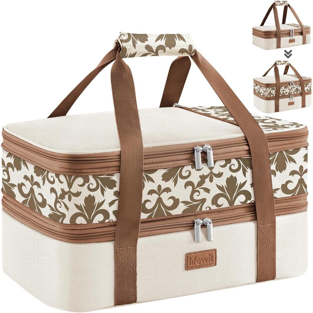 imageLifewit Insulated Double Casserole Carrier Thermal Lunch Tote for Potluck Parties Picnic Beach Fits 9 x 13 Inches Casserole Dish Expandable by Mid Zipper GreyCreamflowers